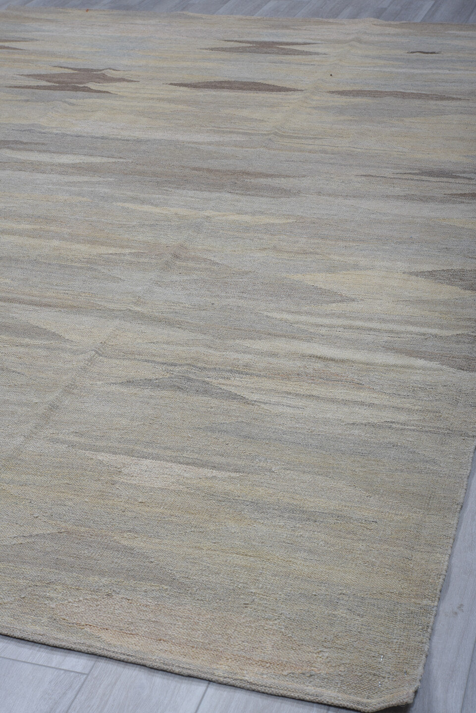 8' x 12' one-of-a-kind handmade vintage Kilim large size rug. Color palette: gray, ivory, taupe, beige, greige, brown