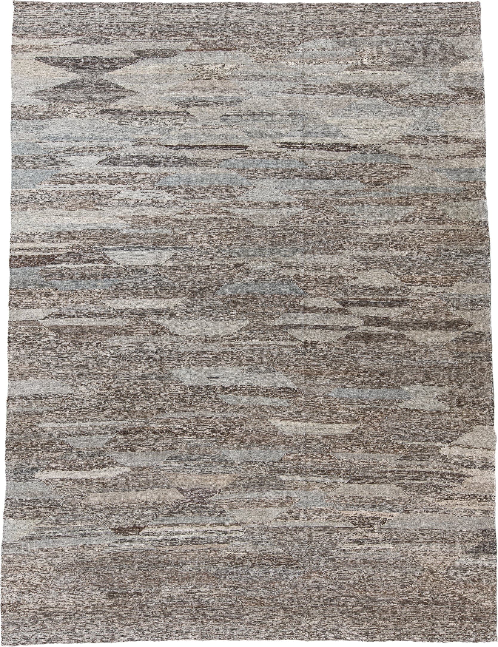 8' x 12' one-of-a-kind handmade vintage Kilim large size rug. Color palette: taupe, ivory, gray, cream, greige, beige