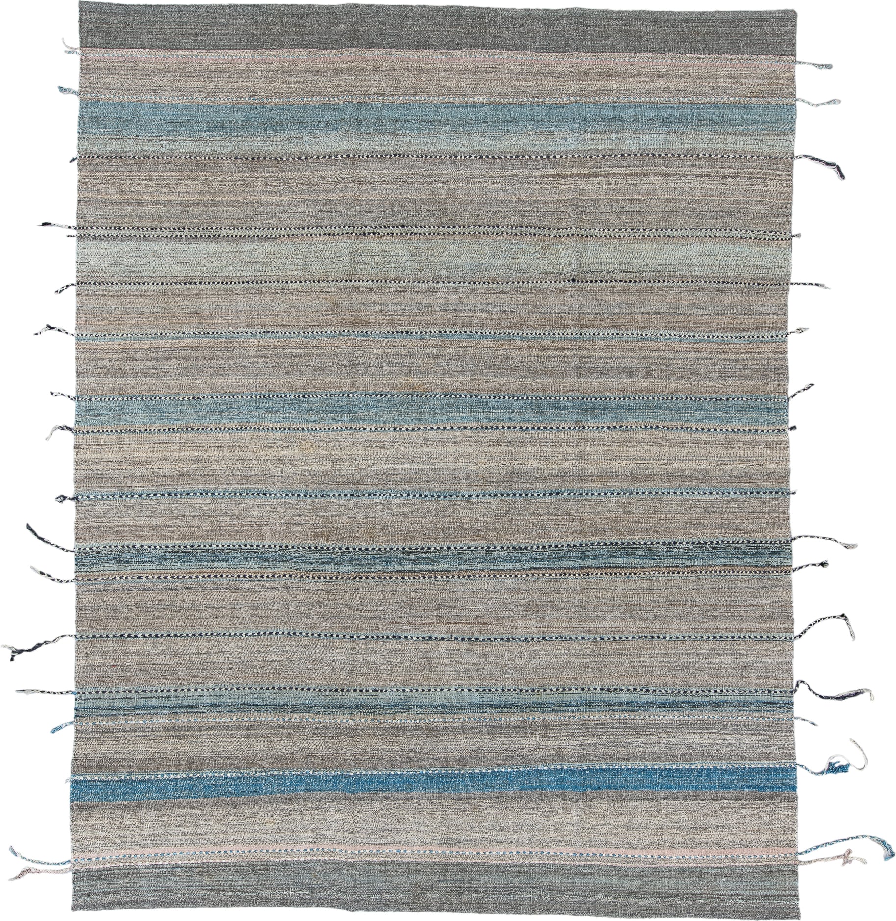 9' x 11' one-of-a-kind handmade vintage Kilim large size rug. Color palette: taupe, gray, sky blue, charcoal, ivory, beige