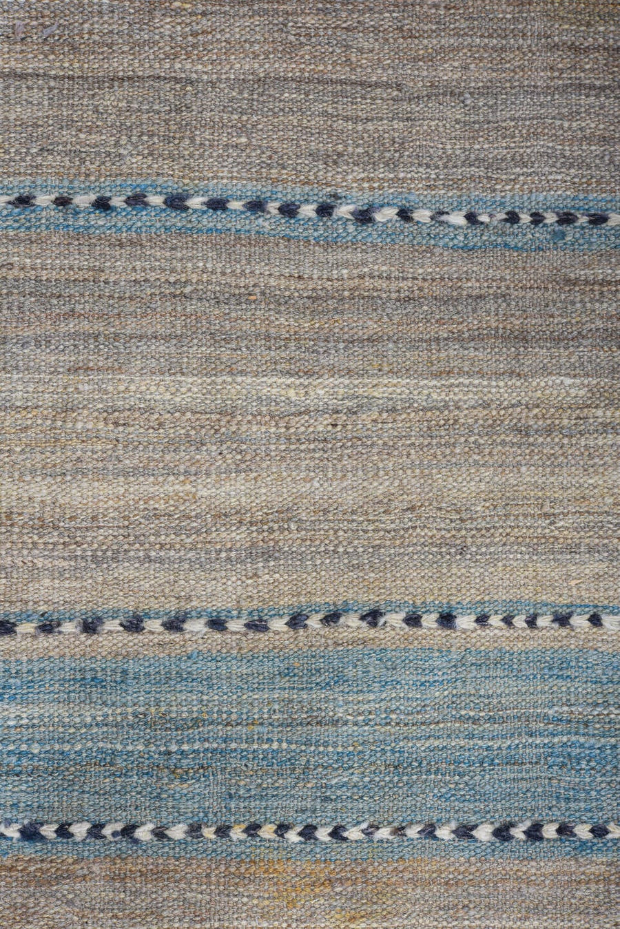 9' x 11' one-of-a-kind handmade vintage Kilim large size rug. Color palette: taupe, gray, sky blue, charcoal, ivory, beige