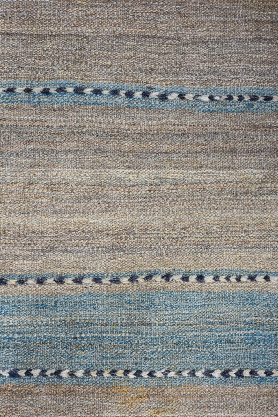 9' x 11' one-of-a-kind handmade vintage Kilim large size rug. Color palette: taupe, gray, sky blue, charcoal, ivory, beige