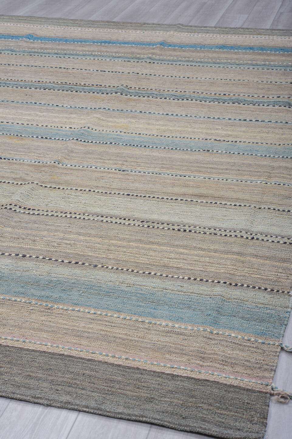 9' x 11' one-of-a-kind handmade vintage Kilim large size rug. Color palette: taupe, gray, sky blue, charcoal, ivory, beige