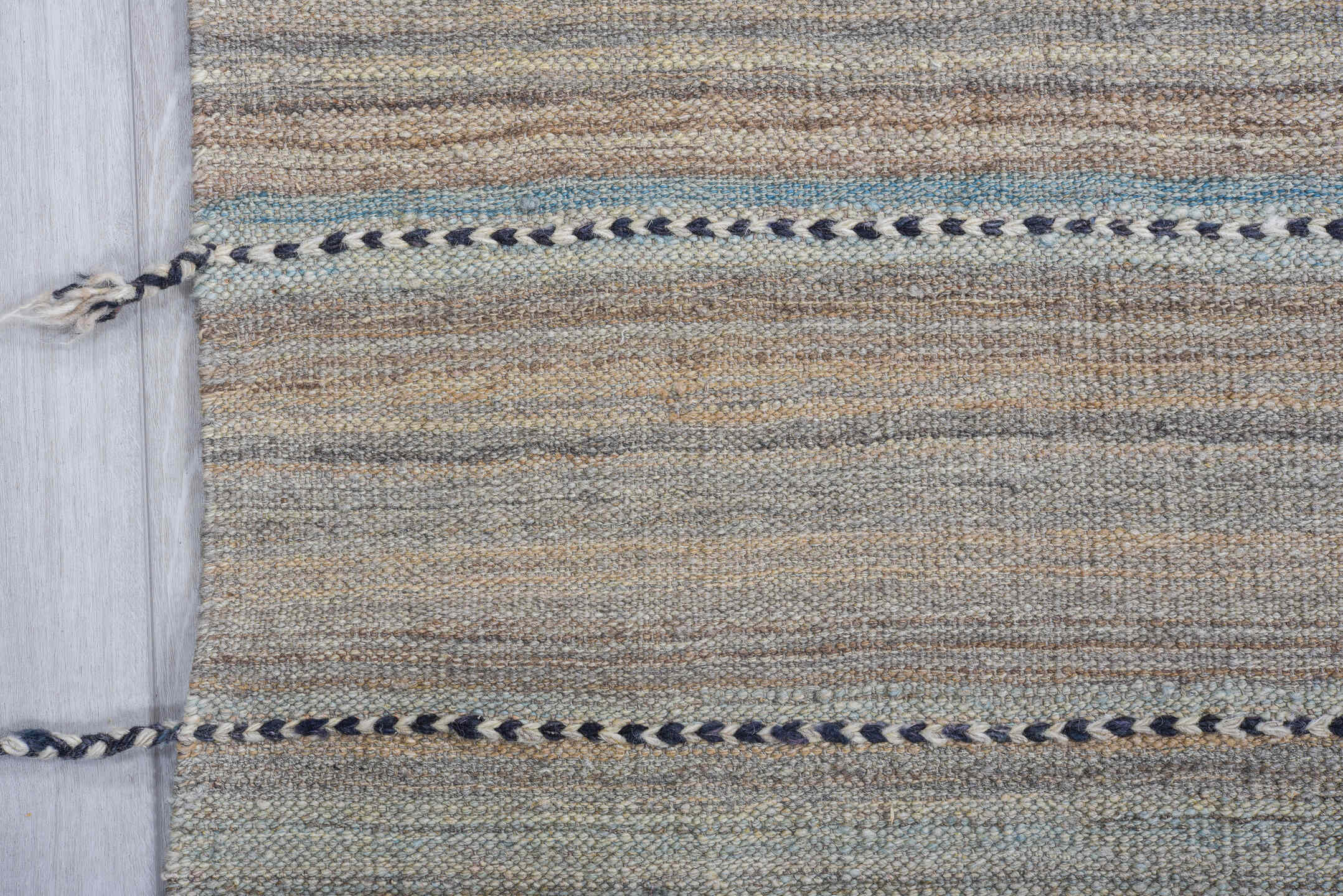 9' x 11' one-of-a-kind handmade vintage Kilim large size rug. Color palette: taupe, gray, sky blue, charcoal, ivory, beige