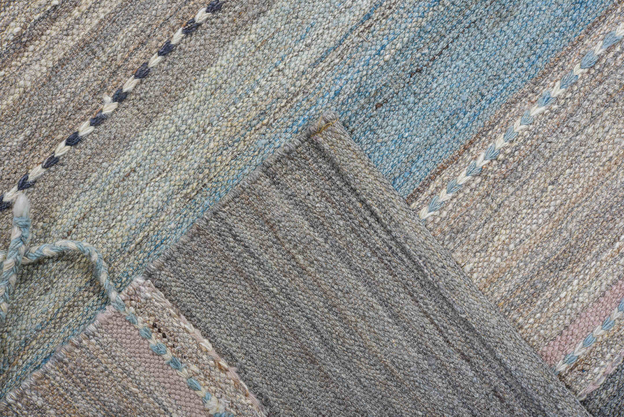 9' x 11' one-of-a-kind handmade vintage Kilim large size rug. Color palette: taupe, gray, sky blue, charcoal, ivory, beige