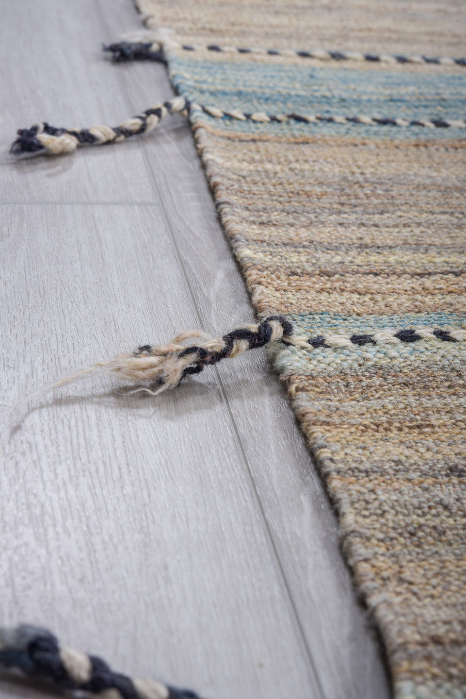 9' x 11' one-of-a-kind handmade vintage Kilim large size rug. Color palette: taupe, gray, sky blue, charcoal, ivory, beige