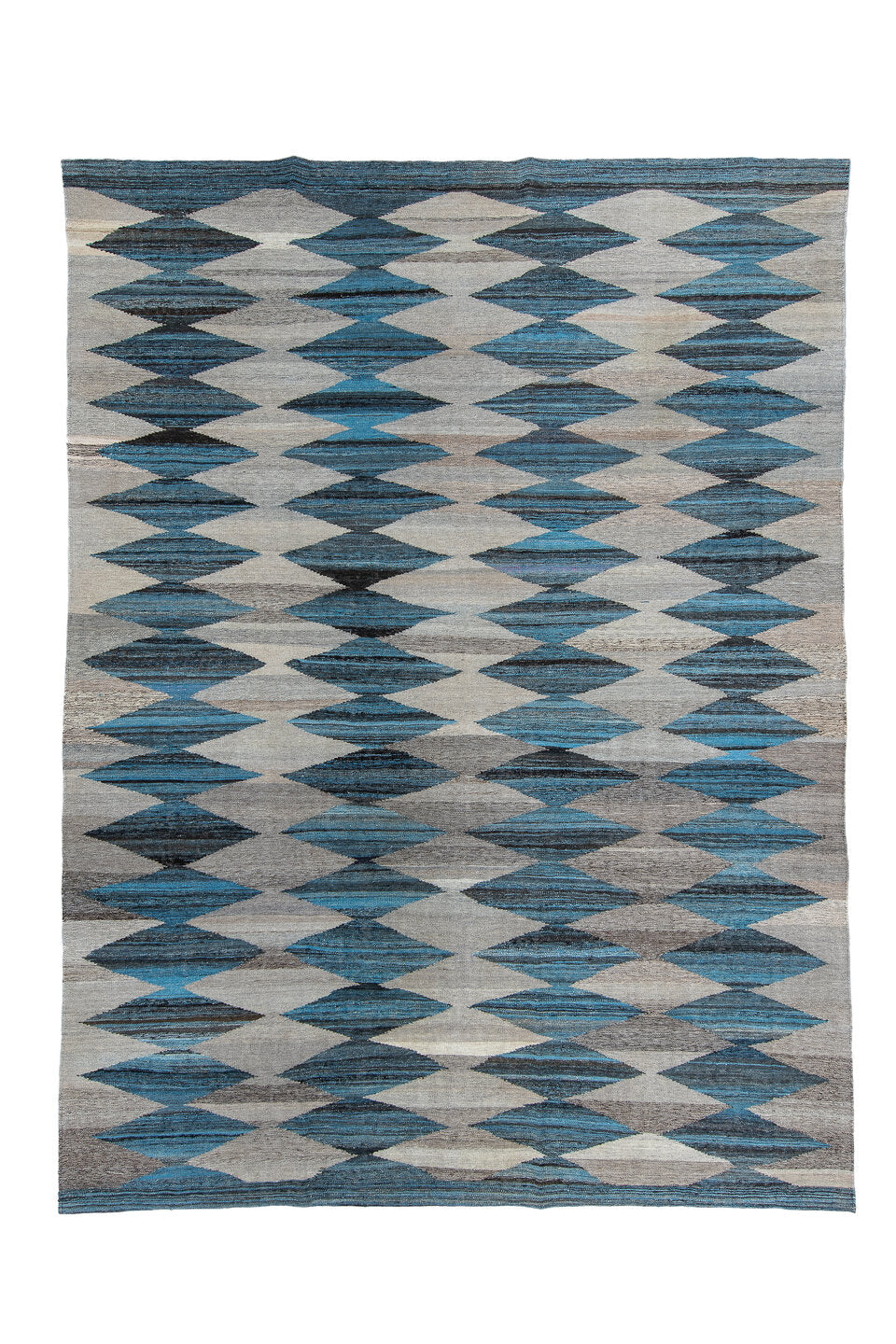 9' x 11' one-of-a-kind handmade vintage Kilim large size rug. Color palette: arapawa, black, blue, brown, charcoal