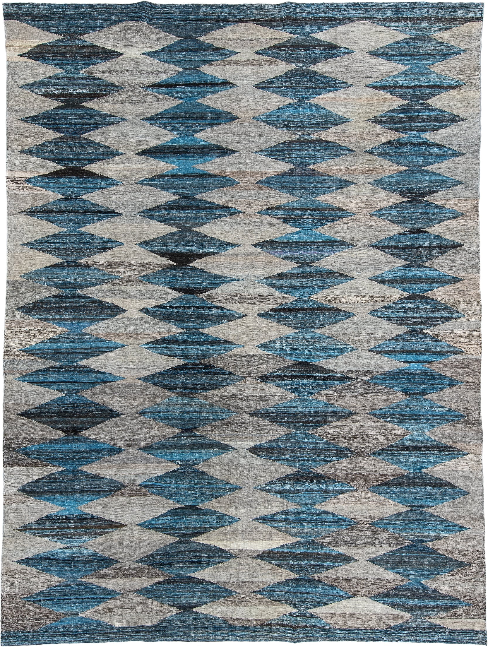9' x 11' one-of-a-kind handmade vintage Kilim large size rug. Color palette: ivory, turquoise, slate, charcoal, taupe, teal