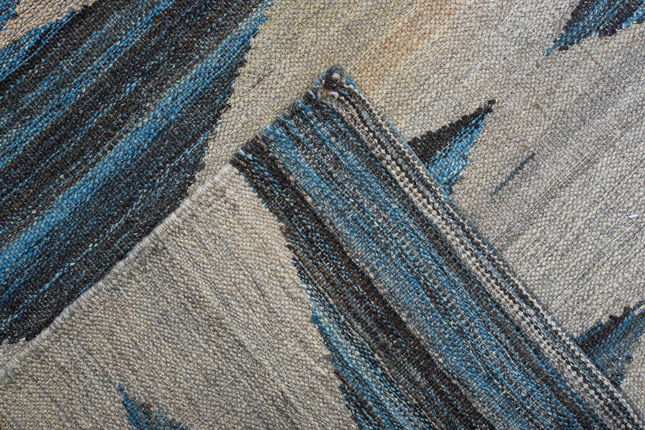 9' x 11' one-of-a-kind handmade vintage Kilim large size rug. Color palette: arapawa, black, blue, brown, charcoal