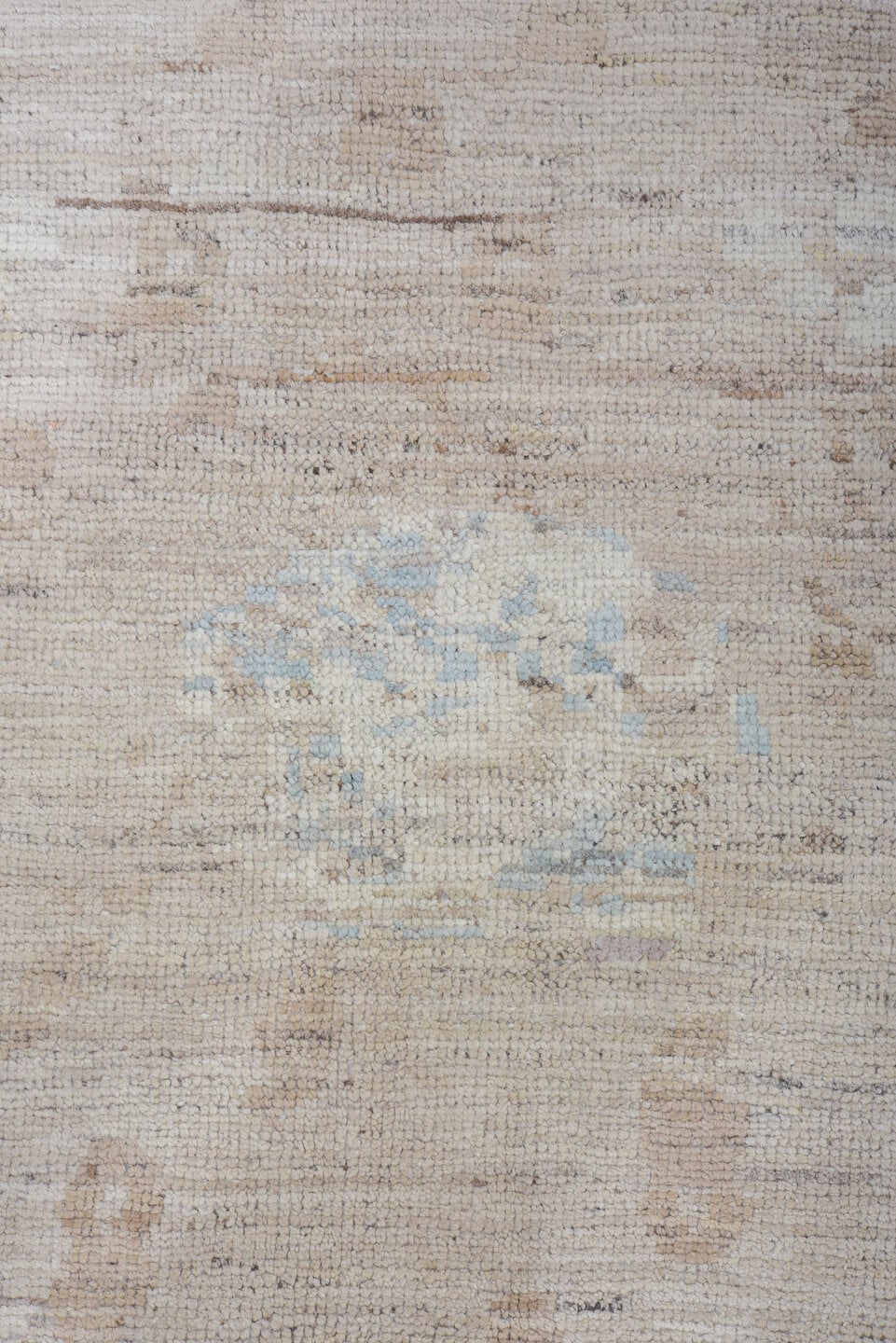 8' x 9' one-of-a-kind handmade vintage Tulu rug. Color palette: taupe, ivory, pale blue, beige, gray, light blue