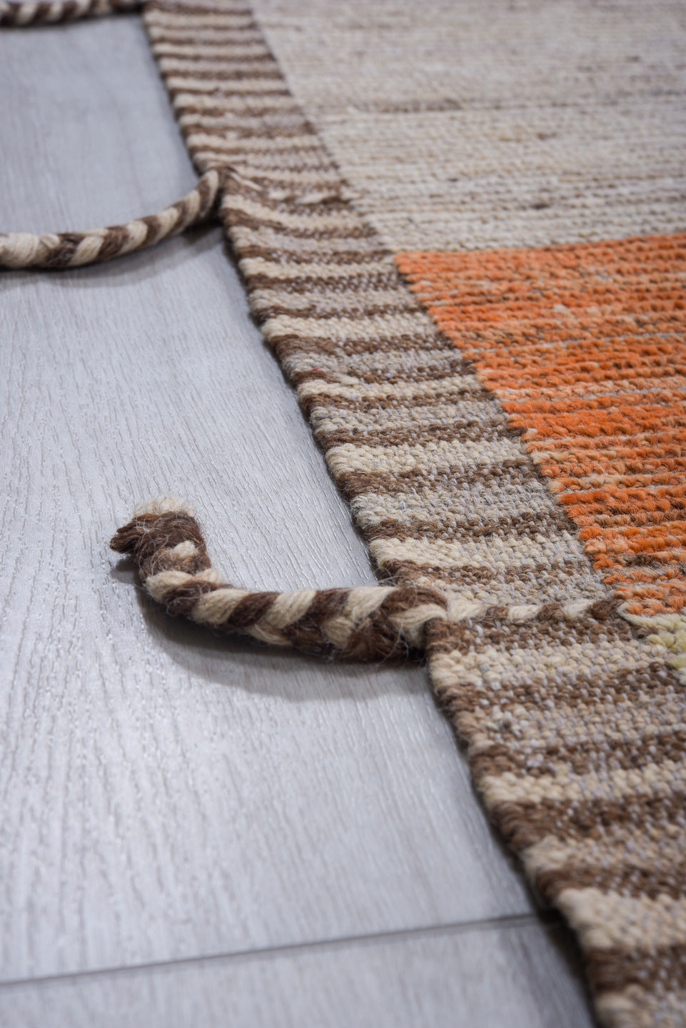 6' x 8' one-of-a-kind handmade vintage Tulu medium size rug. Color palette: gray, orange, turquoise, lavender, butter yellow