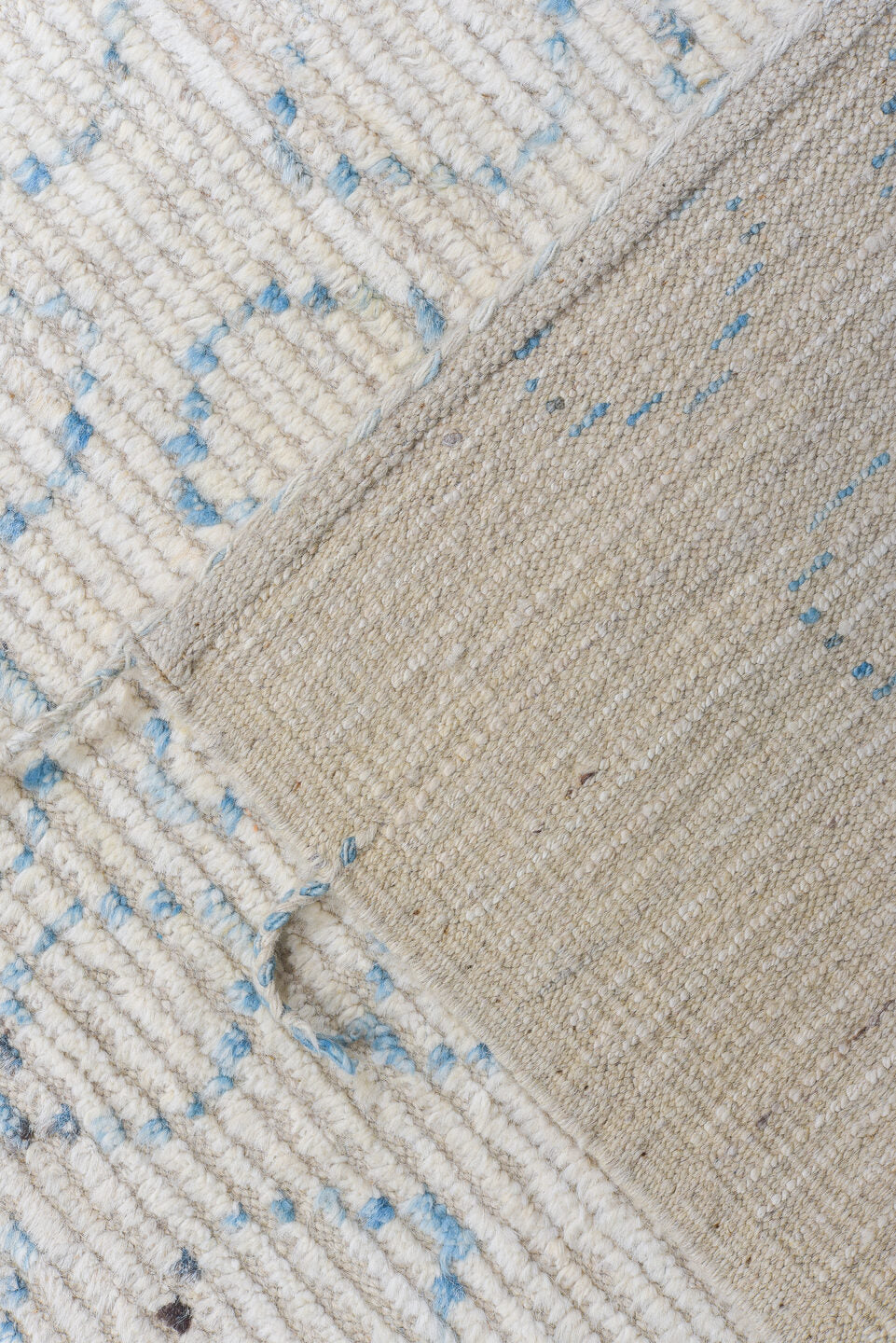10' x 14' one-of-a-kind handmade vintage Tulu large size rug. Color palette: ivory, sky blue, light gray, cream, light blue