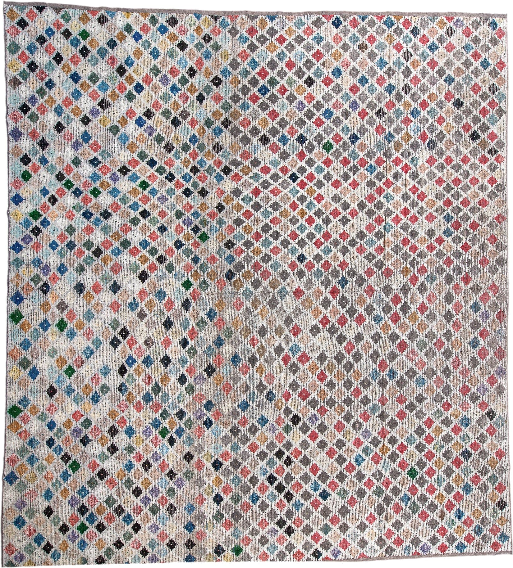 10' x 14' one-of-a-kind handmade vintage Tulu large size rug. Color palette: ivory, taupe, rose, sky blue, charcoal, camel
