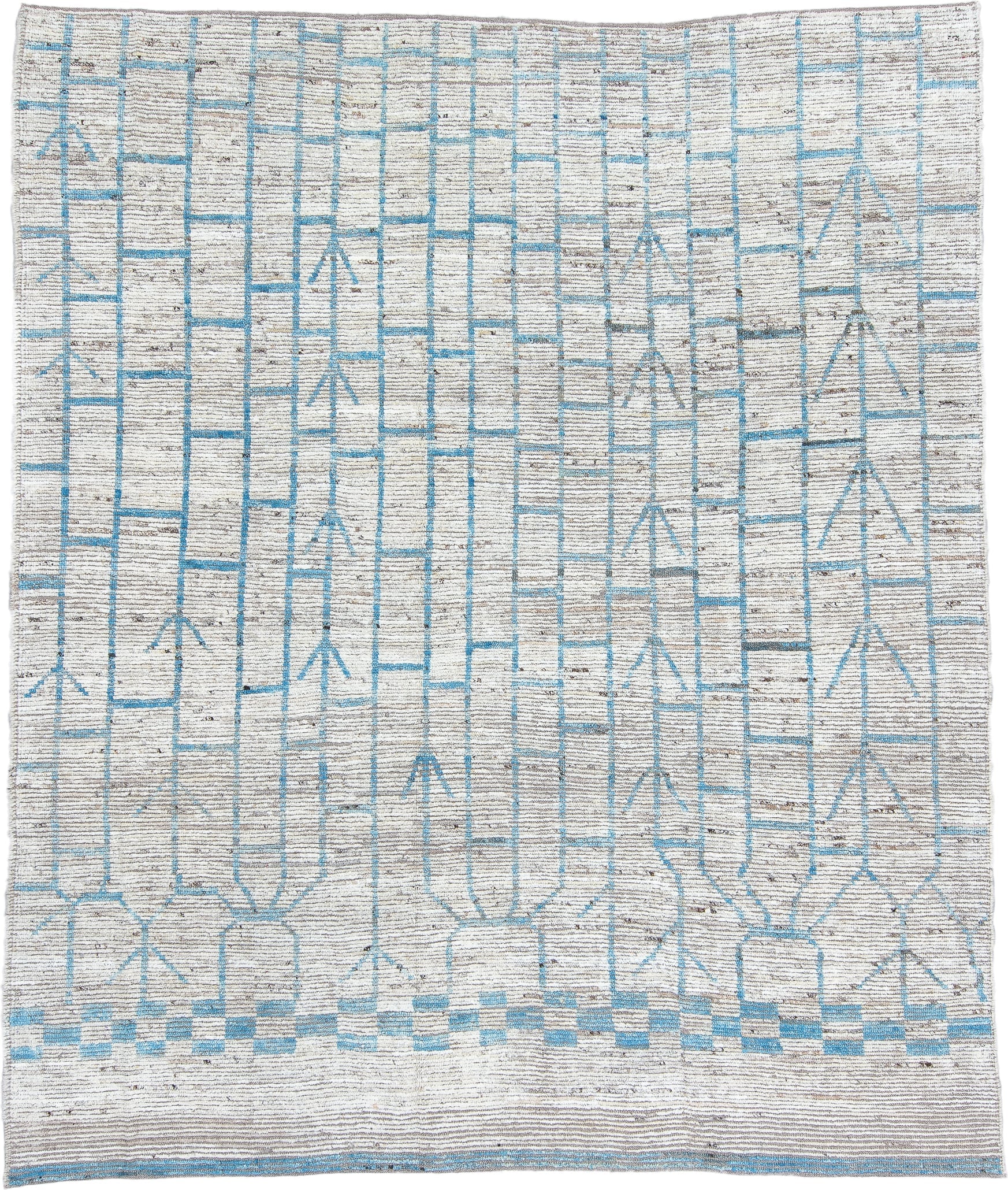 10' x 13' one-of-a-kind handmade vintage Tulu large size rug. Color palette: ivory, sky blue, gray, taupe, light blue, beige