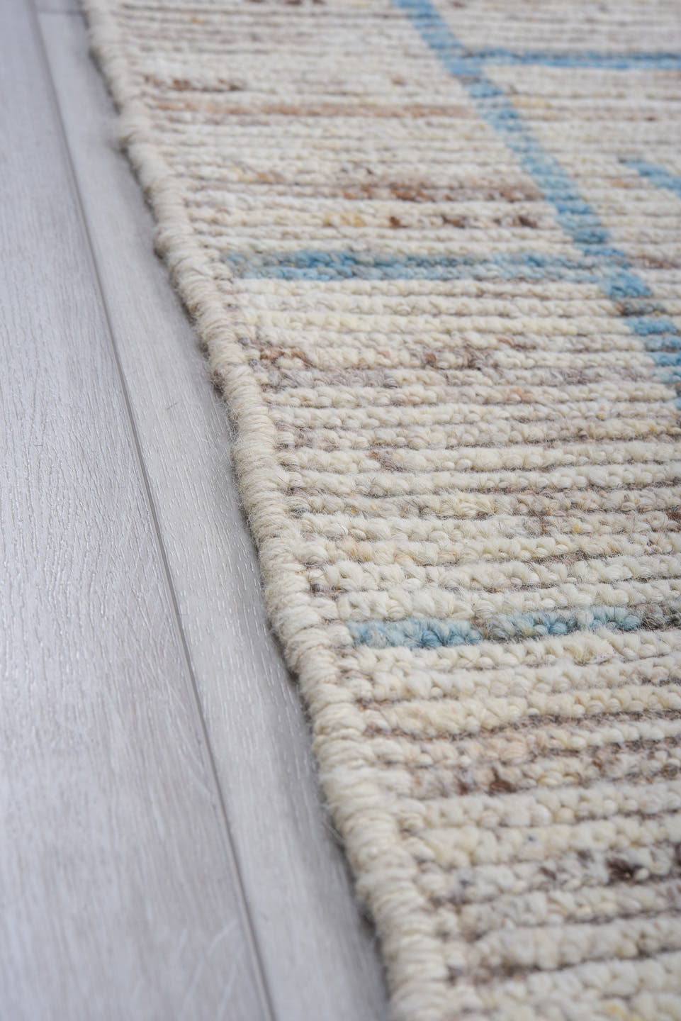 10' x 13' one-of-a-kind handmade vintage Tulu large size rug. Color palette: ivory, sky blue, gray, taupe, light blue, beige