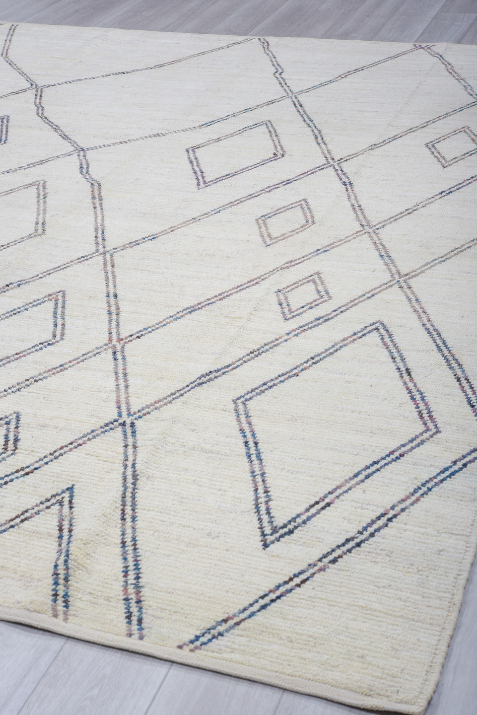 9' x 11' one-of-a-kind handmade vintage Tulu large size rug. Color palette: ivory, charcoal, taupe, slate, brown, gray