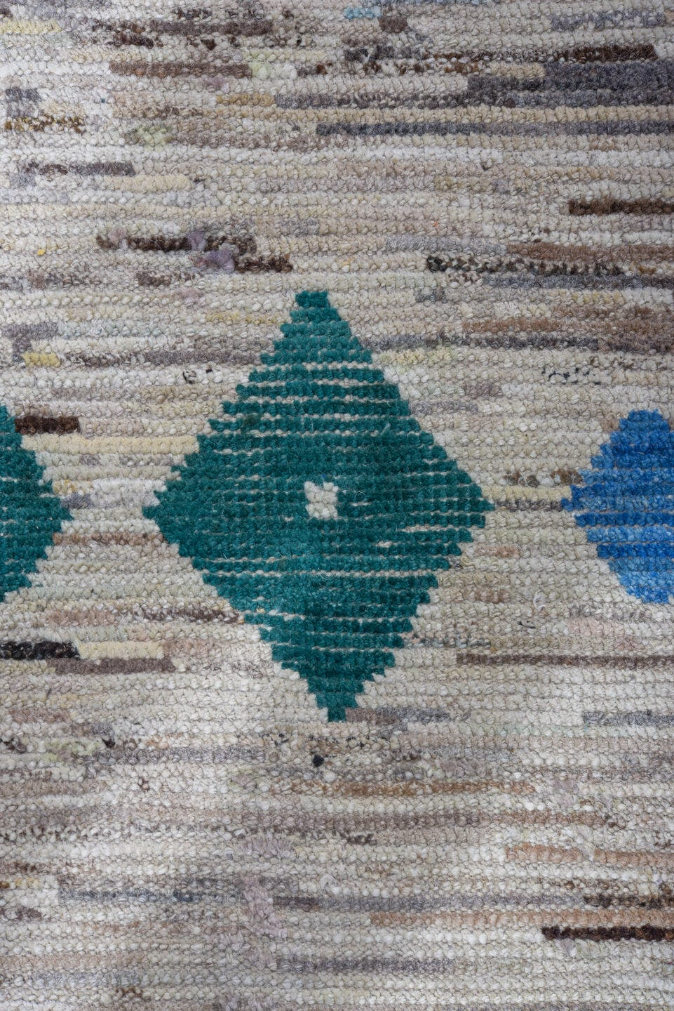9' x 11' one-of-a-kind handmade vintage Tulu large size rug. Color palette: ivory, charcoal, sky_blue, teal, cream, gray