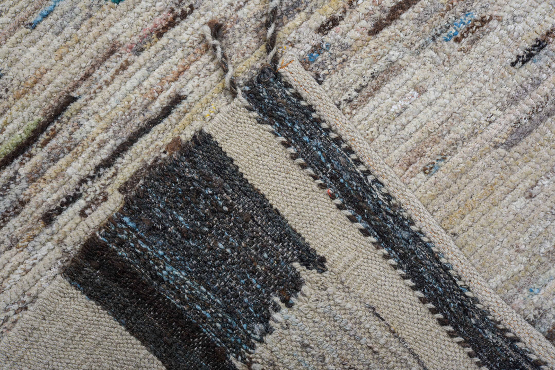 9' x 11' one-of-a-kind handmade vintage Tulu large size rug. Color palette: ivory, charcoal, sky_blue, teal, cream, gray