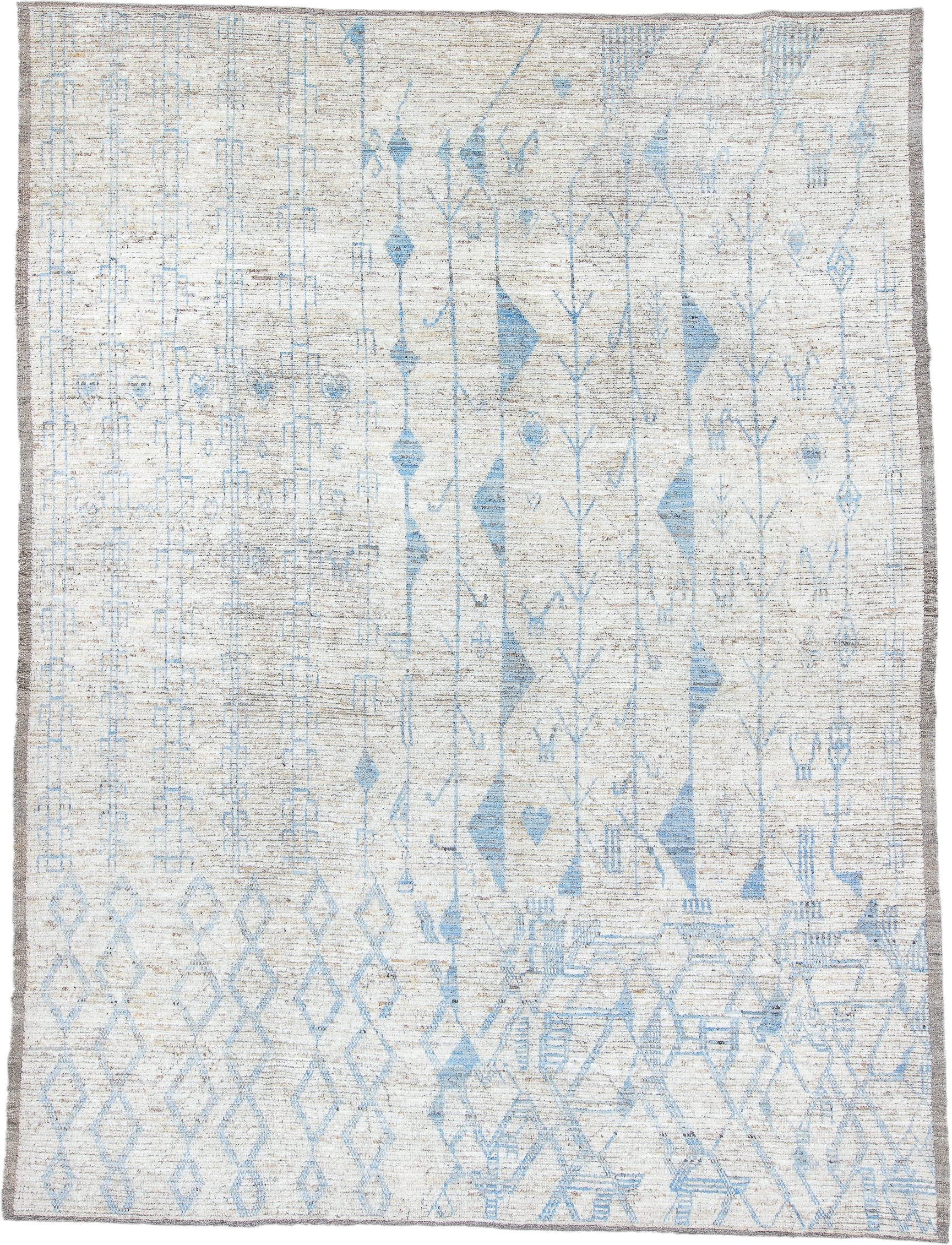 9' x 12' one-of-a-kind handmade vintage Tulu large size rug. Color palette: ivory, sky blue, taupe, cream, pale gray