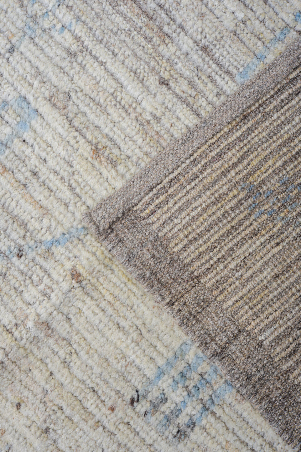 9' x 12' one-of-a-kind handmade vintage Tulu large size rug. Color palette: ivory, sky blue, taupe, cream, pale gray