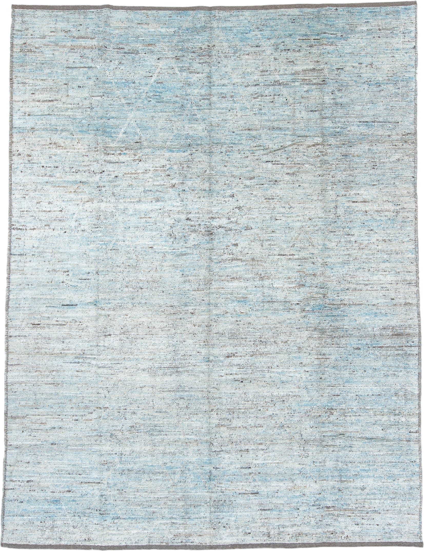 9' x 12' one-of-a-kind handmade vintage Tulu large size rug. Color palette: ivory, pale blue, sky blue, taupe, gray