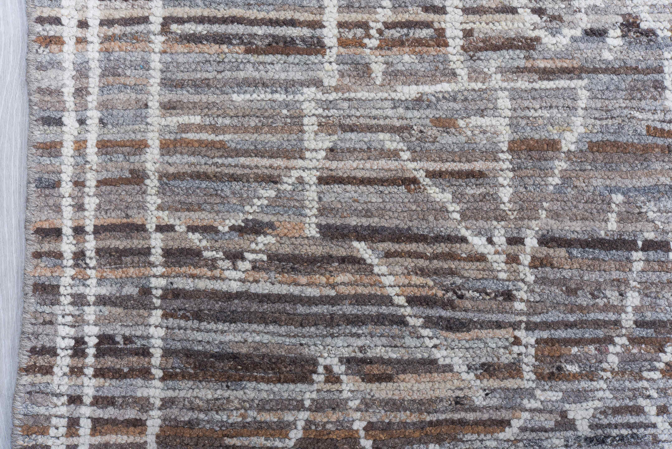 9' x 12' one-of-a-kind handmade vintage Tulu large size rug. Color palette: taupe, gray, ivory, brown, charcoal, beige