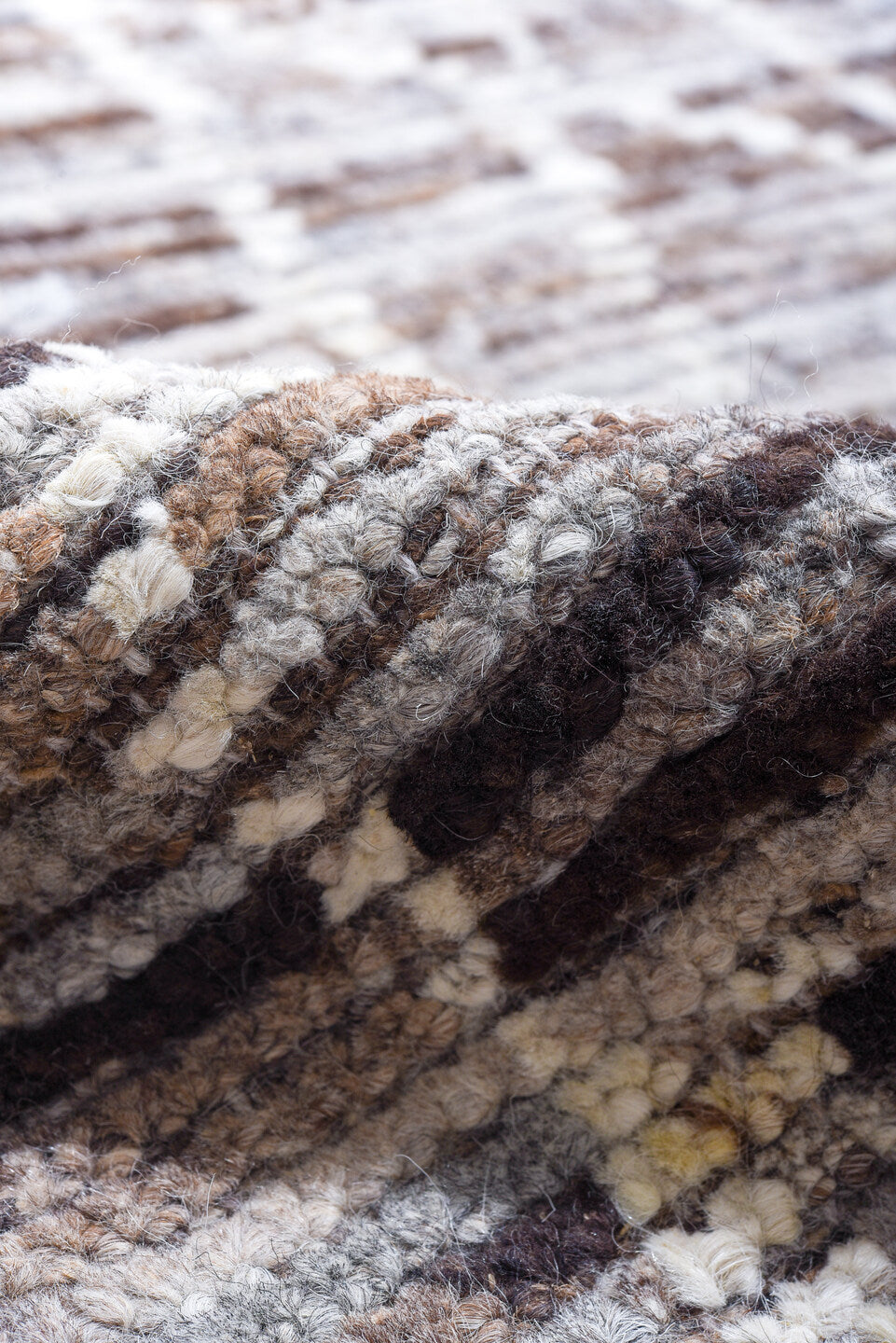 9' x 12' one-of-a-kind handmade vintage Tulu large size rug. Color palette: taupe, gray, ivory, brown, charcoal, beige