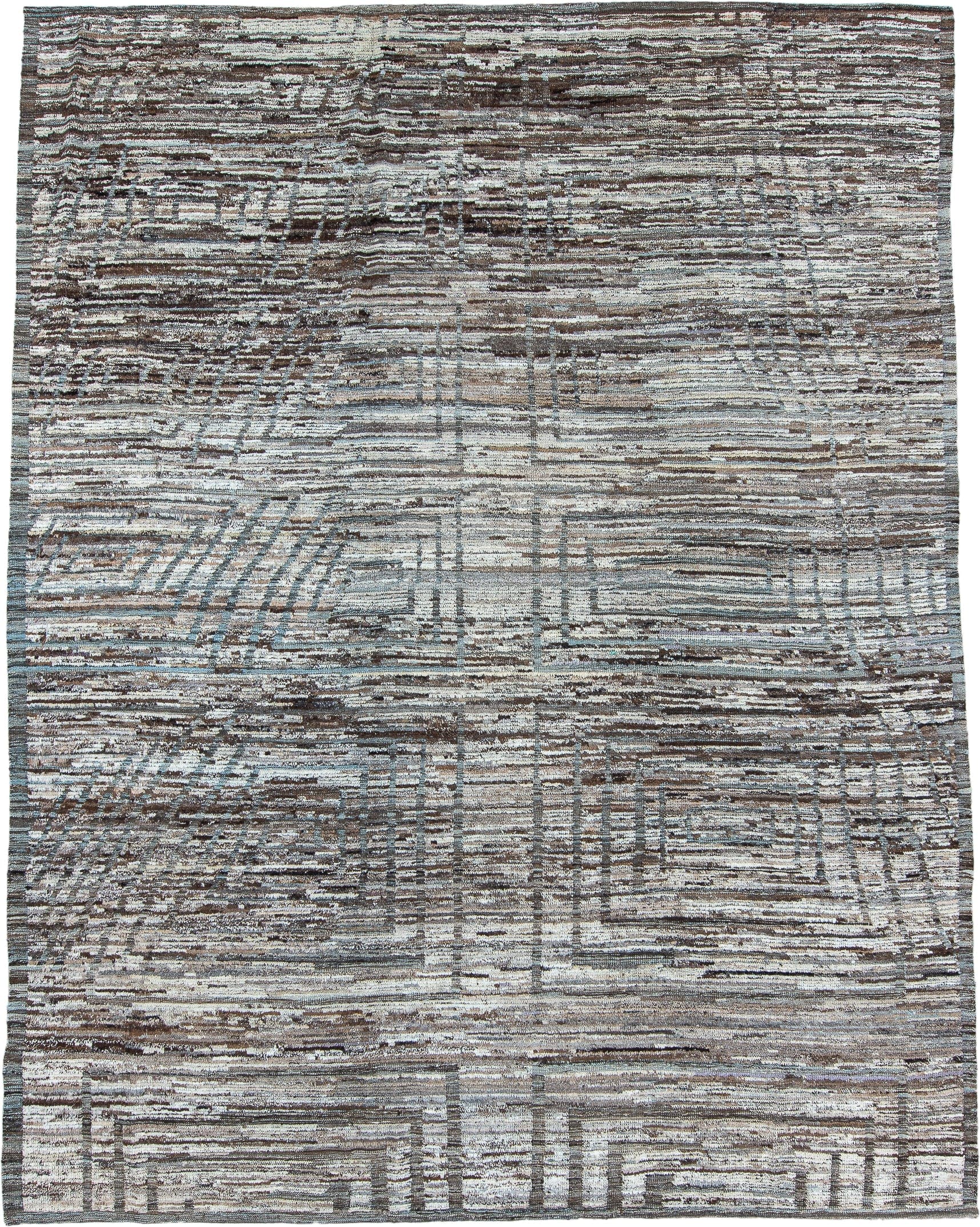 9' x 14' one-of-a-kind handmade vintage Tulu large size rug. Color palette: ivory, taupe, brown, gray, charcoal, beige