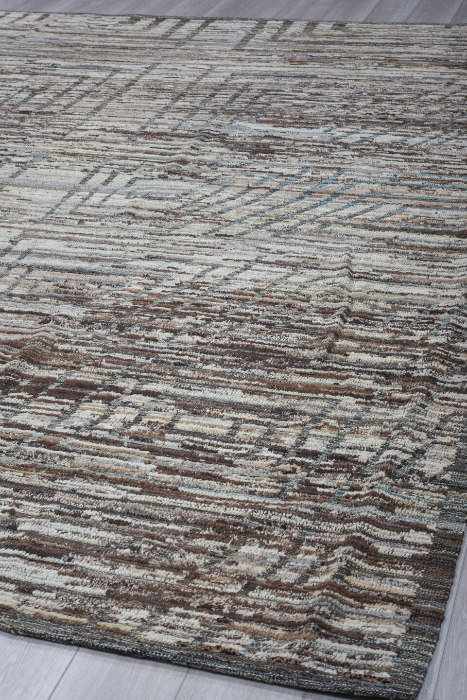 9' x 14' one-of-a-kind handmade vintage Tulu large size rug. Color palette: ivory, taupe, brown, gray, charcoal, beige