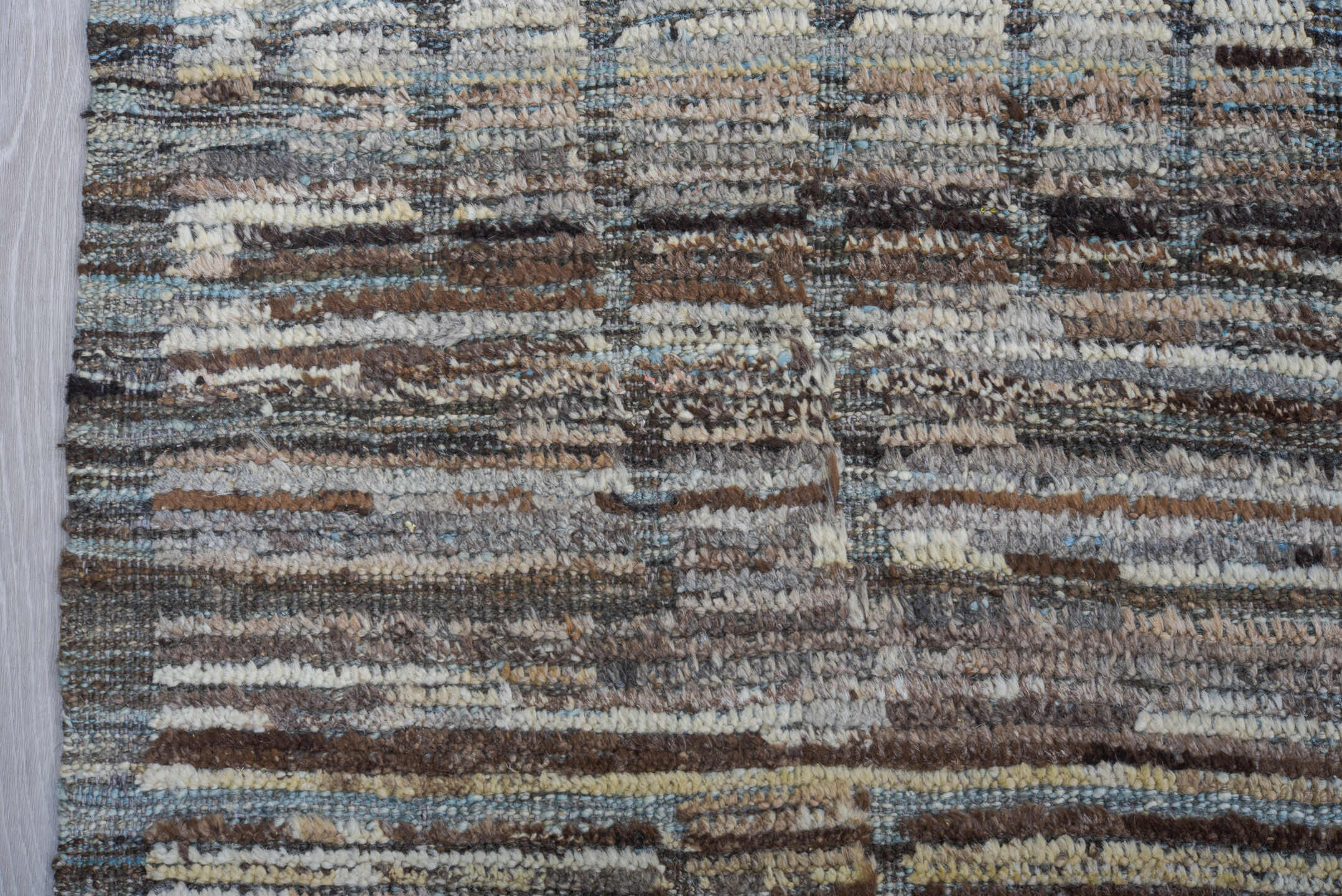 9' x 14' one-of-a-kind handmade vintage Tulu large size rug. Color palette: ivory, taupe, brown, gray, charcoal, beige