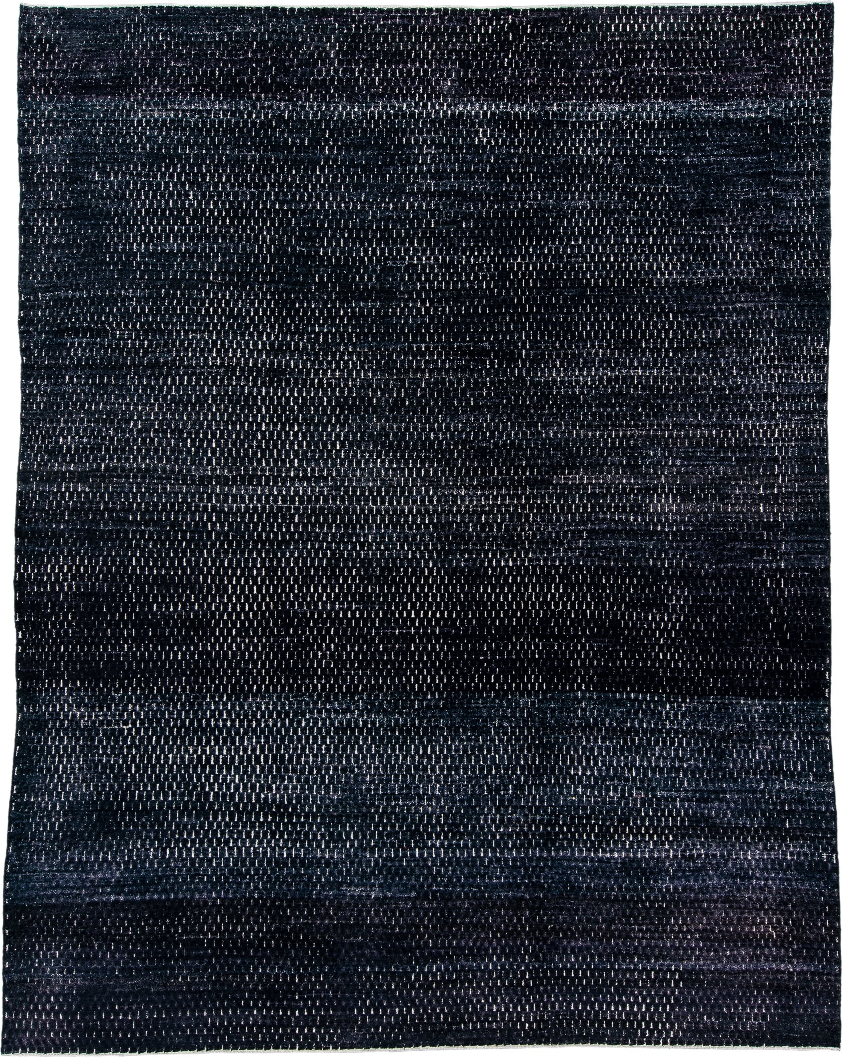 9' x 12' one-of-a-kind handmade vintage Tulu large size rug. Color palette: charcoal, indigo, slate, ivory, gray, black