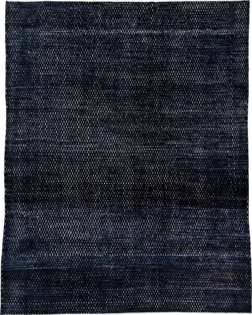 9' x 12' one-of-a-kind handmade vintage Tulu large size rug. Color palette: black, blue, dark gray, gray, light gray