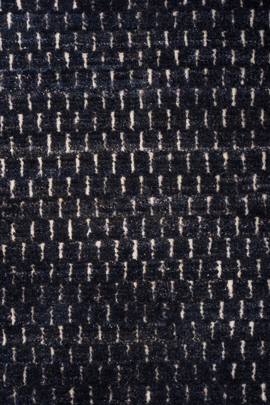 9' x 12' one-of-a-kind handmade vintage Tulu large size rug. Color palette: charcoal, indigo, slate, ivory, gray, black