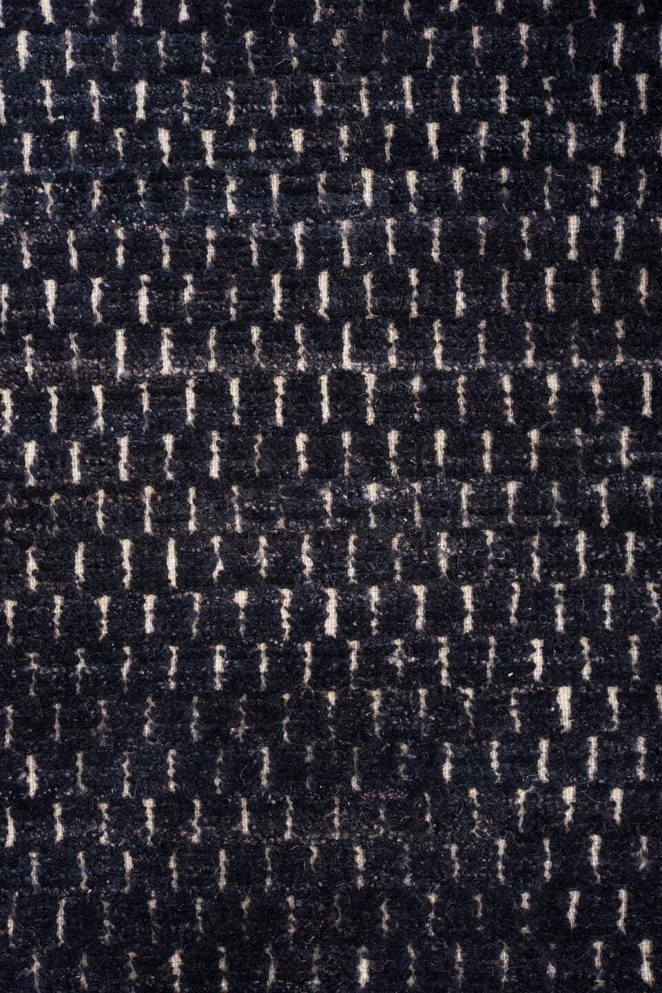 9' x 12' one-of-a-kind handmade vintage Tulu large size rug. Color palette: charcoal, indigo, slate, ivory, gray, black
