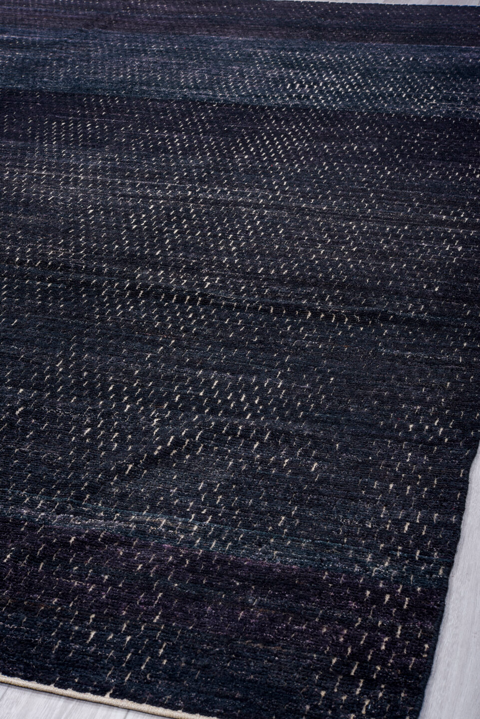 9' x 12' one-of-a-kind handmade vintage Tulu large size rug. Color palette: black, blue, dark gray, gray, light gray