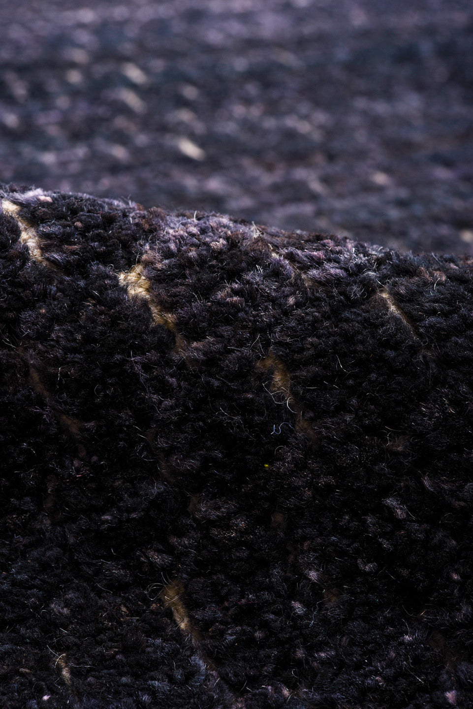 9' x 12' one-of-a-kind handmade vintage Tulu large size rug. Color palette: charcoal, indigo, slate, ivory, gray, black