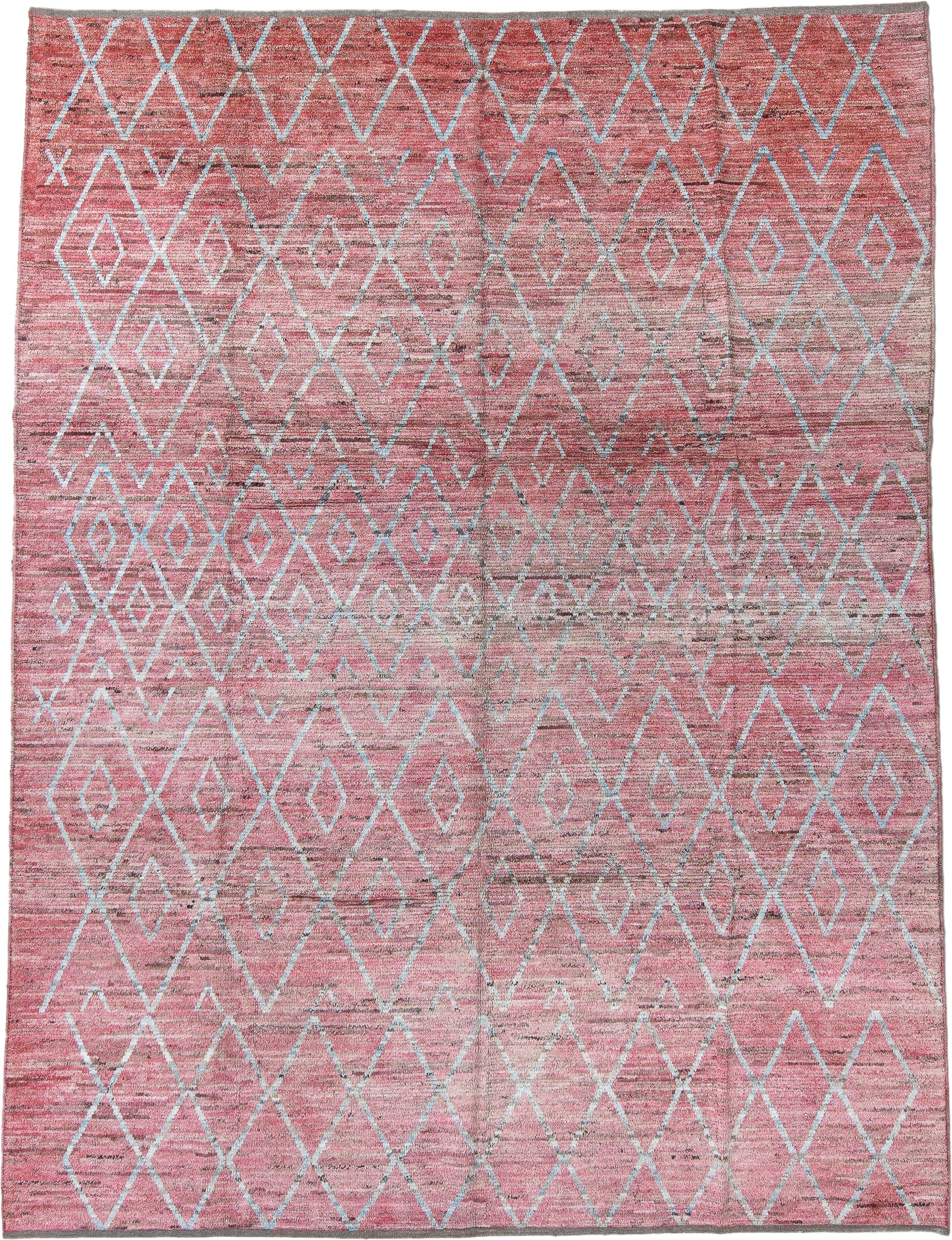 9' x 12' one-of-a-kind handmade vintage Tulu large size rug. Color palette: rose, ivory, blush, taupe, charcoal, pink, red