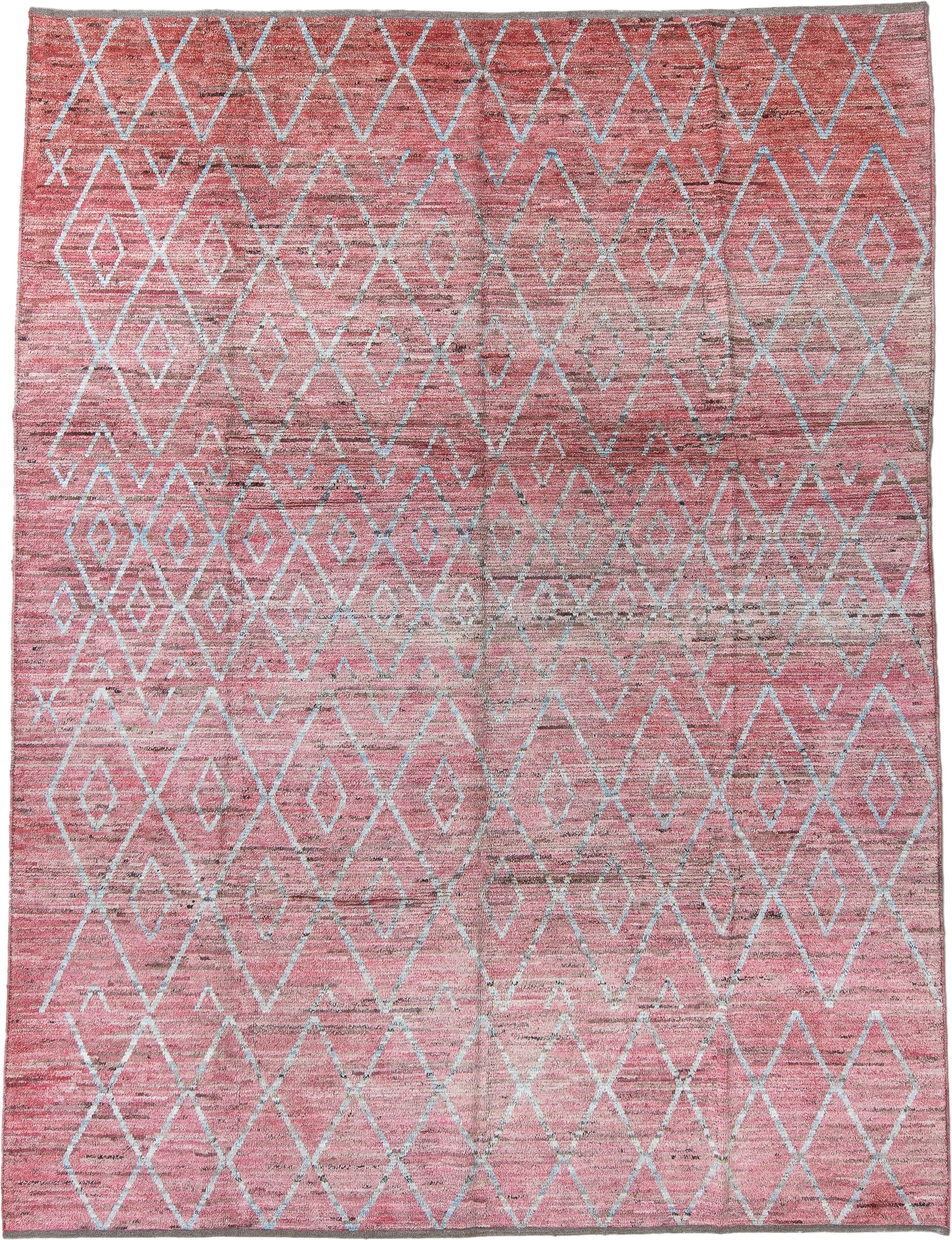 9' x 12' one-of-a-kind handmade vintage Tulu large size rug. Color palette: rose, ivory, blush, taupe, charcoal, pink, red