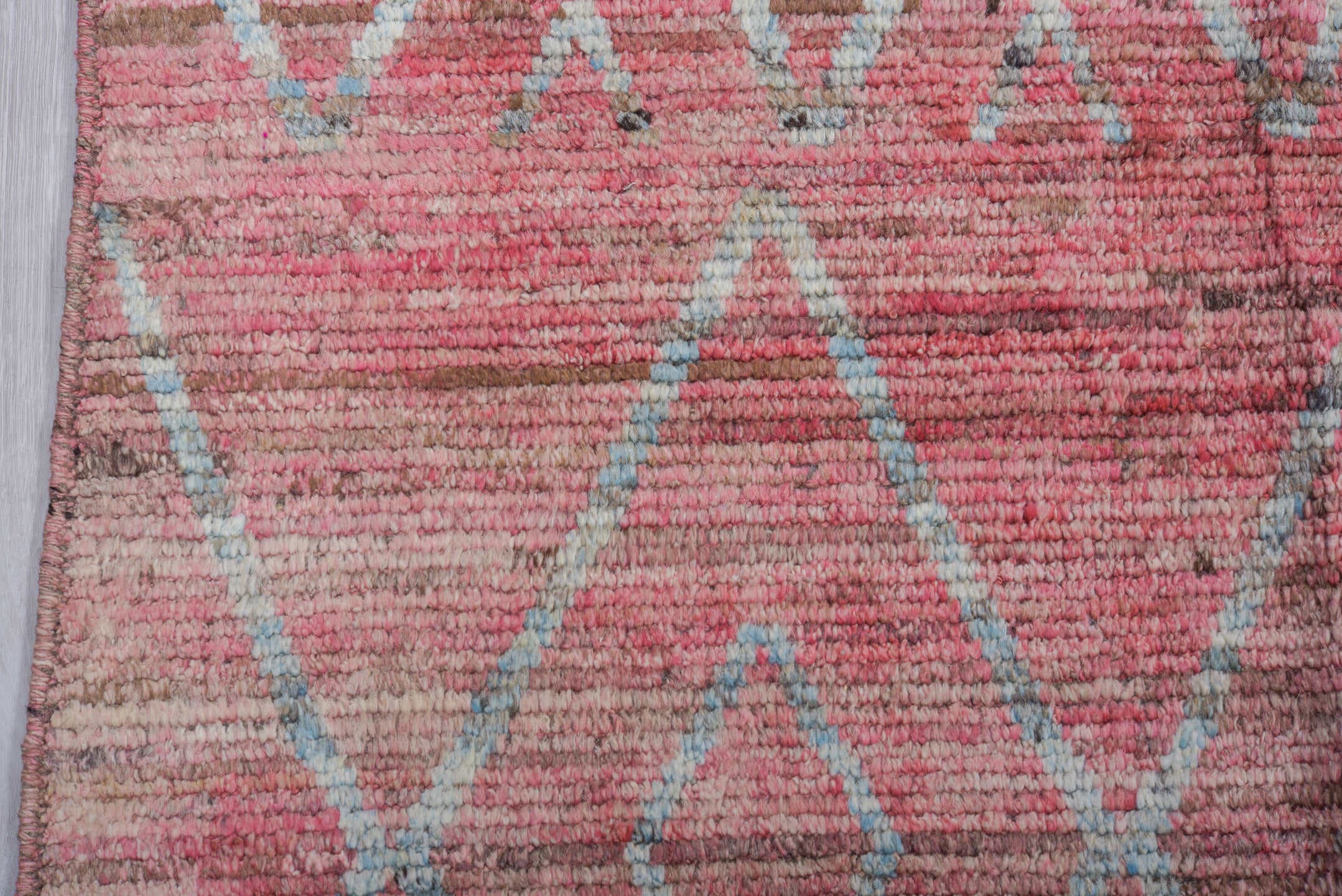 9' x 12' one-of-a-kind handmade vintage Tulu large size rug. Color palette: rose, ivory, blush, taupe, charcoal, pink, red
