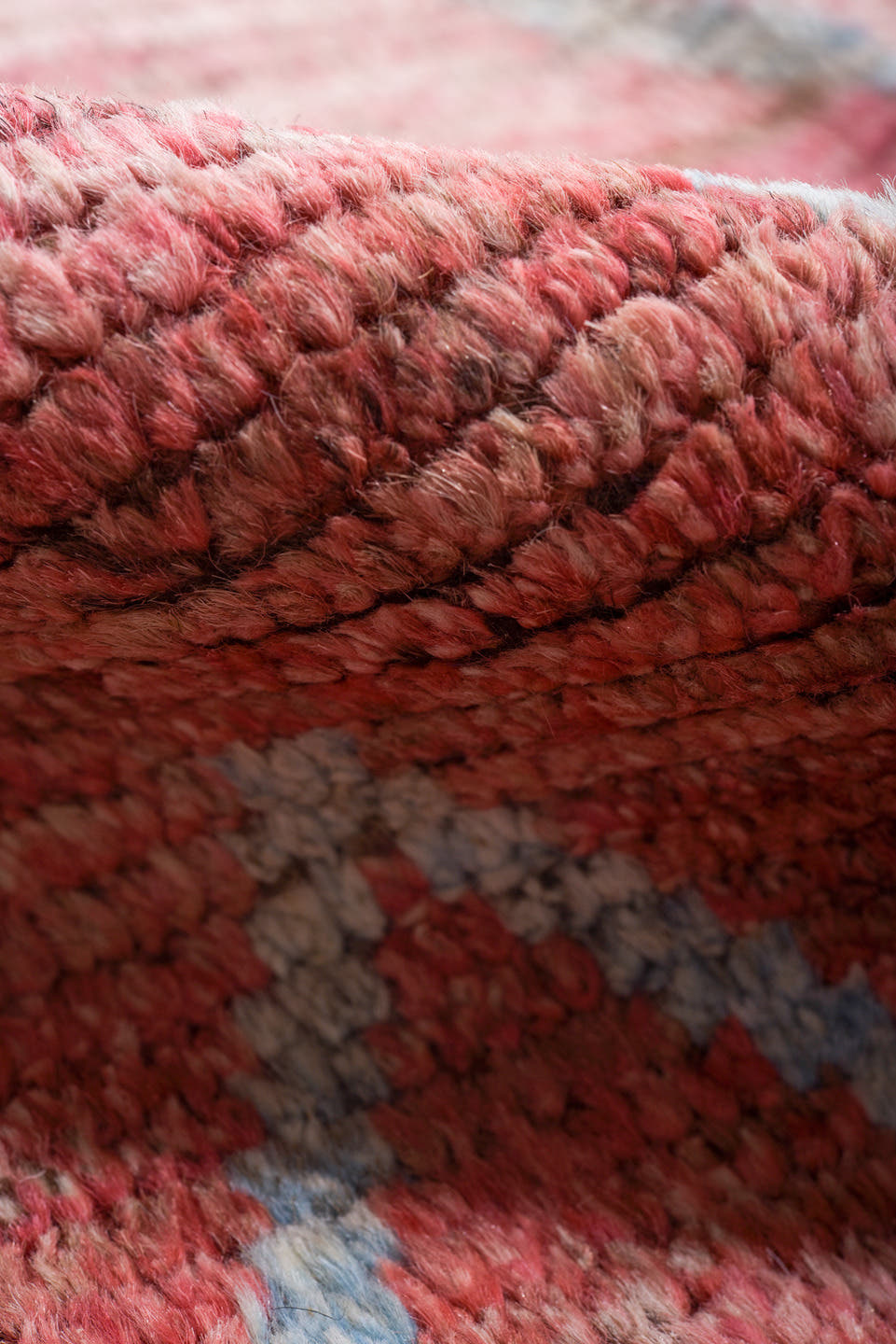 9' x 12' one-of-a-kind handmade vintage Tulu large size rug. Color palette: rose, ivory, blush, taupe, charcoal, pink, red