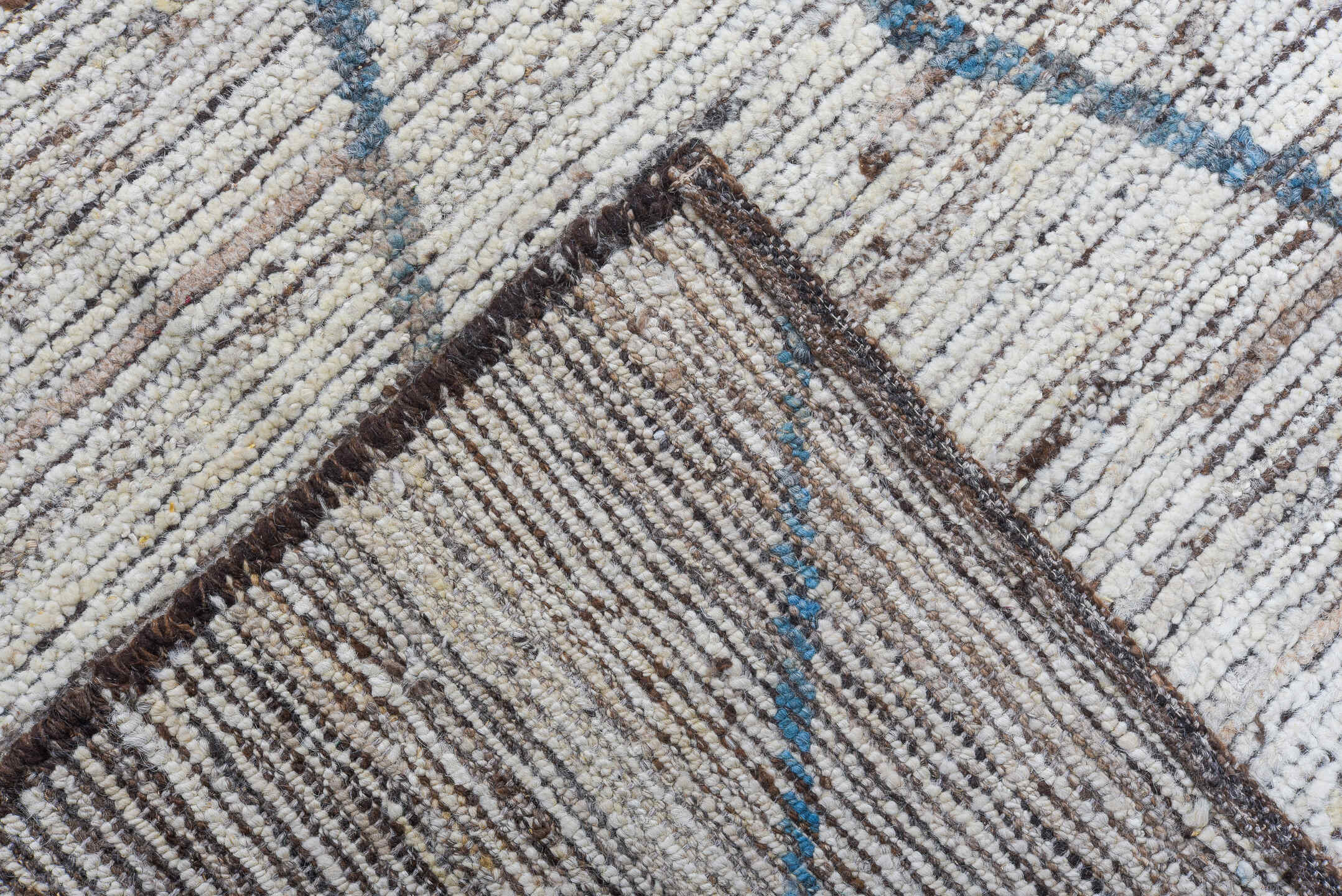 19' x 16' one-of-a-kind handmade vintage Tulu oversize rug. Color palette: ivory, blue, taupe, gray, beige