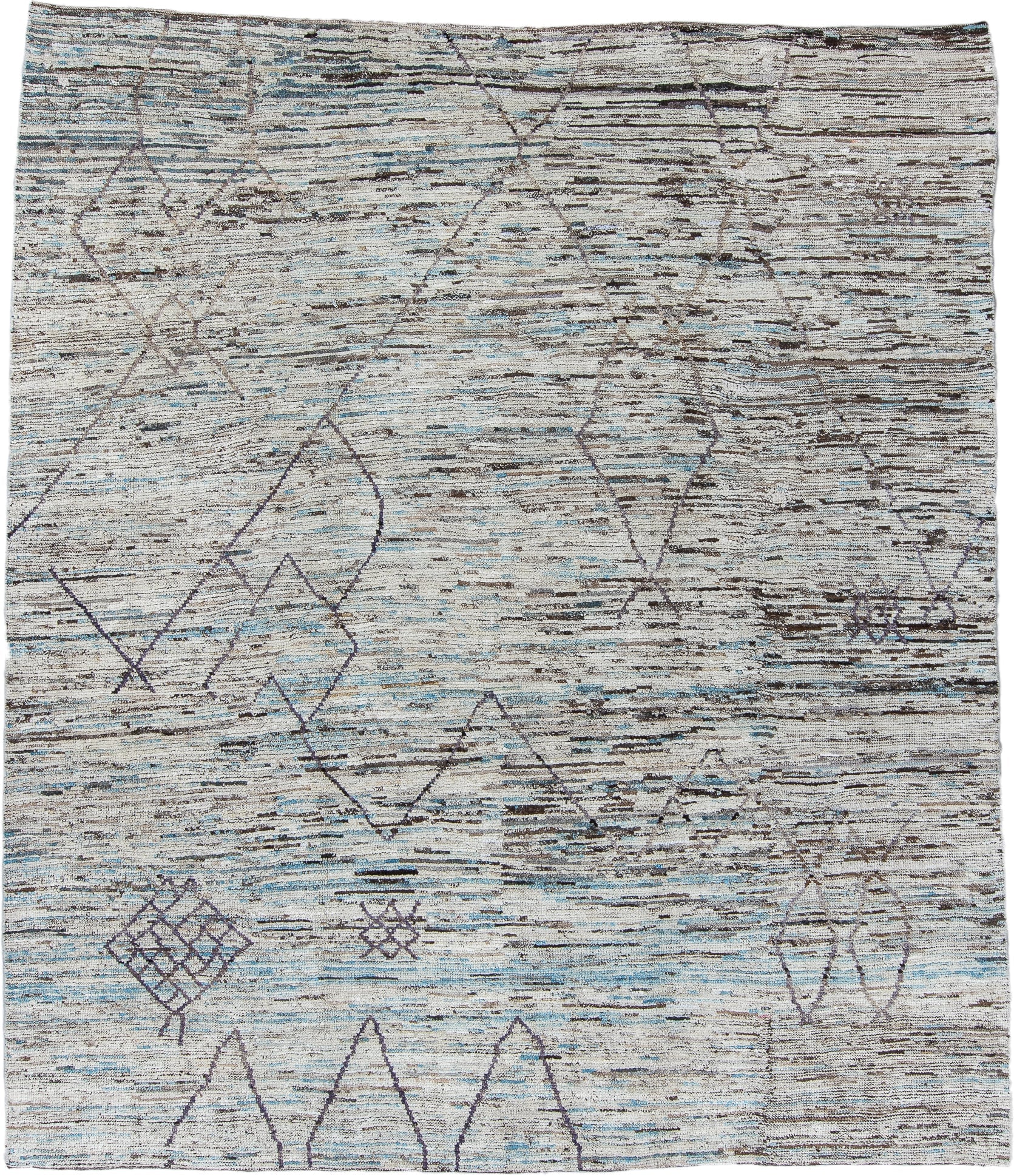 10' x 13' one-of-a-kind handmade vintage Tulu large size rug. Color palette: ivory, brown, charcoal, sky blue, taupe, gray