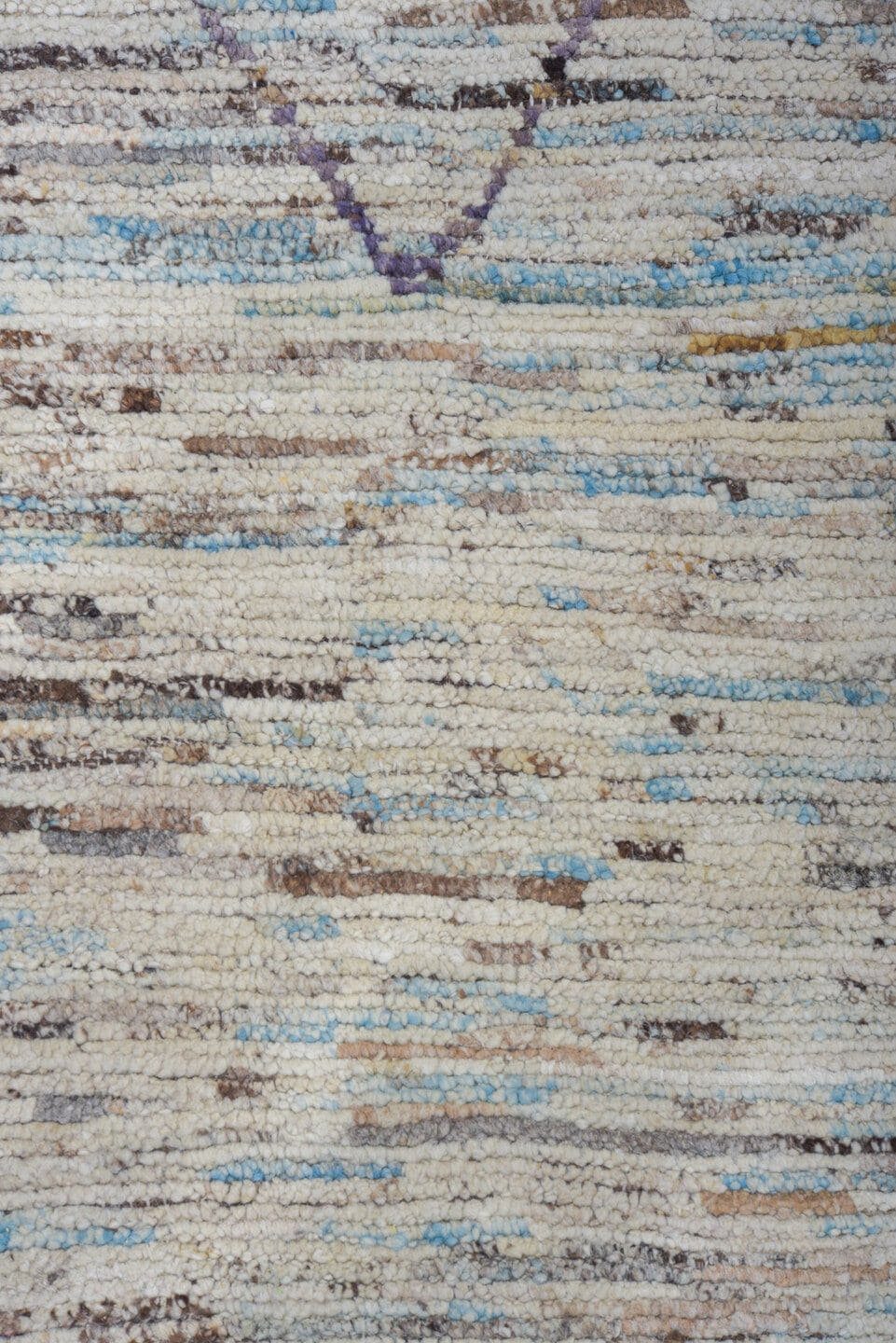 10' x 13' one-of-a-kind handmade vintage Tulu large size rug. Color palette: ivory, brown, charcoal, sky blue, taupe, gray