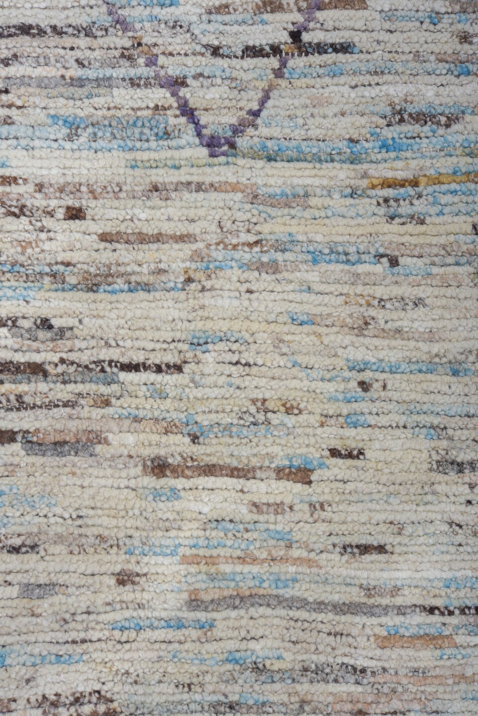 10' x 13' one-of-a-kind handmade vintage Tulu large size rug. Color palette: ivory, brown, charcoal, sky blue, taupe, gray