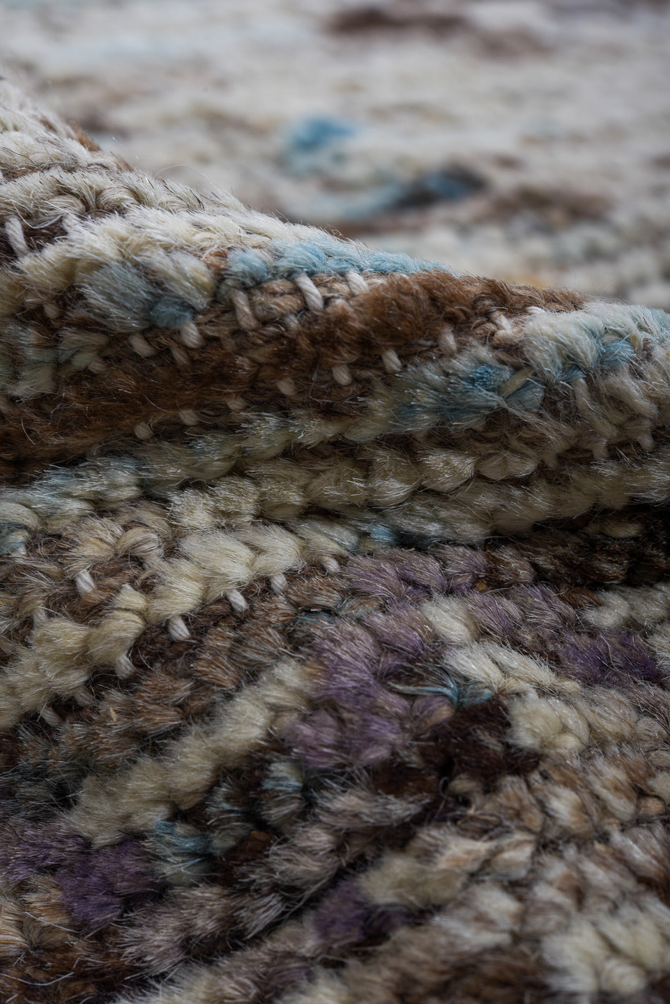 10' x 13' one-of-a-kind handmade vintage Tulu large size rug. Color palette: ivory, brown, charcoal, sky blue, taupe, gray