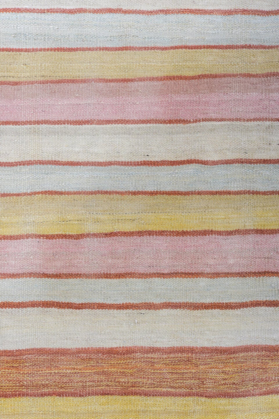 8' x 12' one-of-a-kind handmade vintage Kilim large size rug. Color palette: ivory, blush, rust, gold, pale_blue