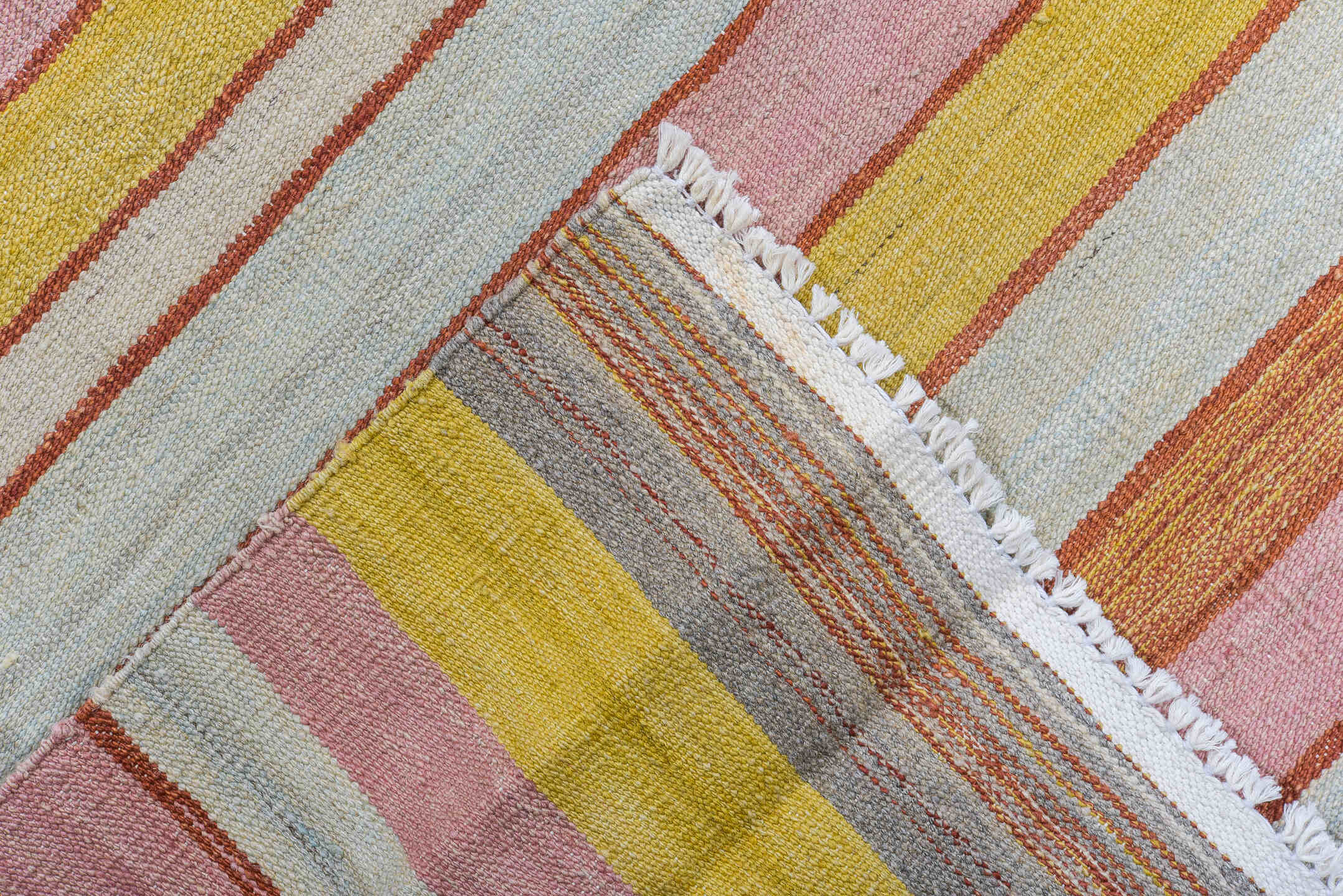 8' x 12' one-of-a-kind handmade vintage Kilim large size rug. Color palette: ivory, blush, rust, gold, pale_blue