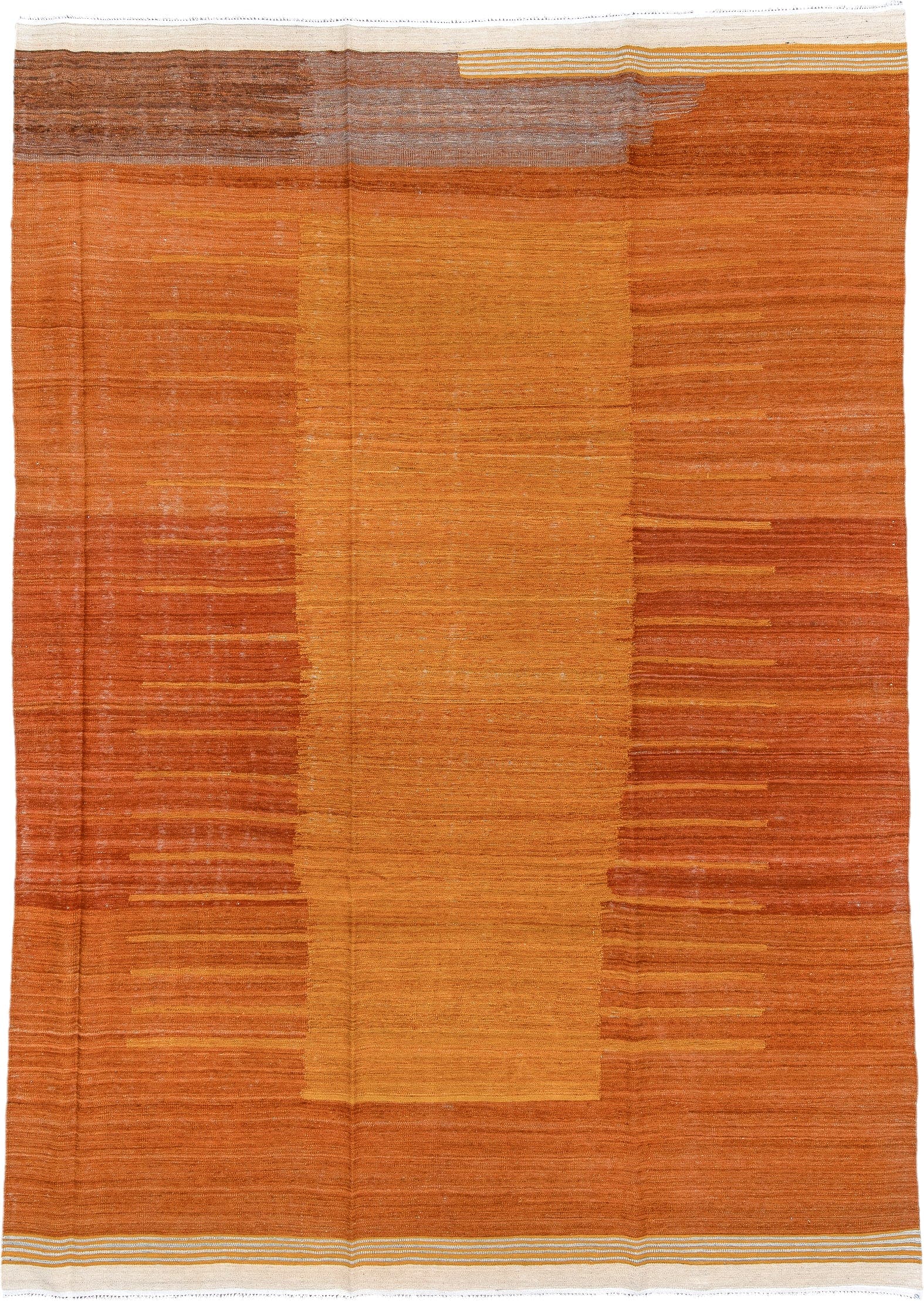 8' x 12' one-of-a-kind handmade vintage Kilim large size rug. Color palette: terra cotta, ochre, rust, ivory, taupe