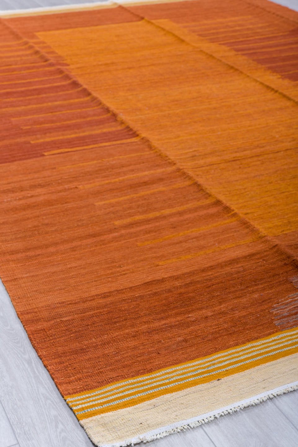 8' x 12' one-of-a-kind handmade vintage Kilim large size rug. Color palette: terra cotta, ochre, rust, ivory, taupe