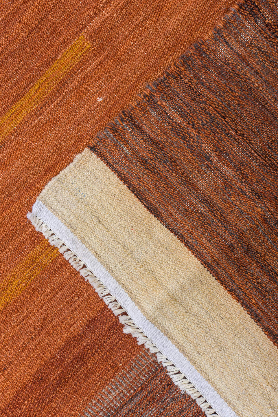 8' x 12' one-of-a-kind handmade vintage Kilim large size rug. Color palette: terra cotta, ochre, rust, ivory, taupe
