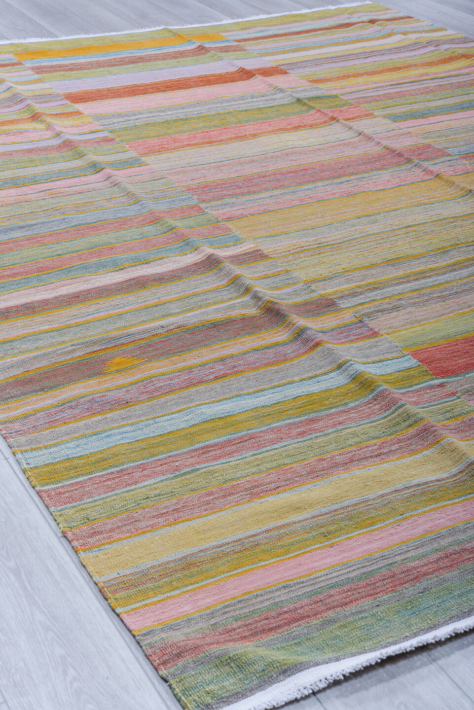8' x 12' one-of-a-kind handmade vintage Kilim large size rug. Color palette: sage, blush, gold, sky blue, ivory, terra cotta